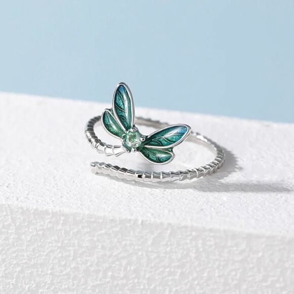 Sterling Silver Dragonfly Opening Ring Adjustable Ring Pave Setting CZ New - Picture 1 of 6